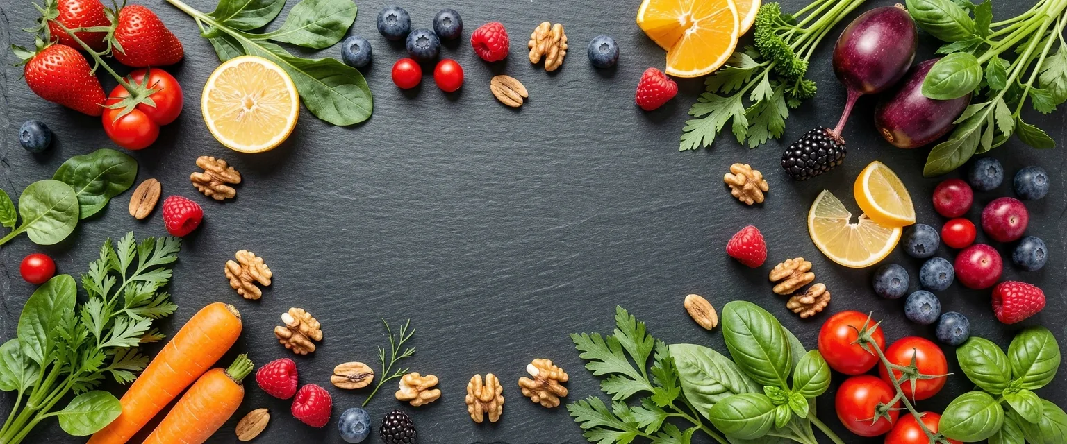 Aranjament de legume și fructe proaspete văzut de sus