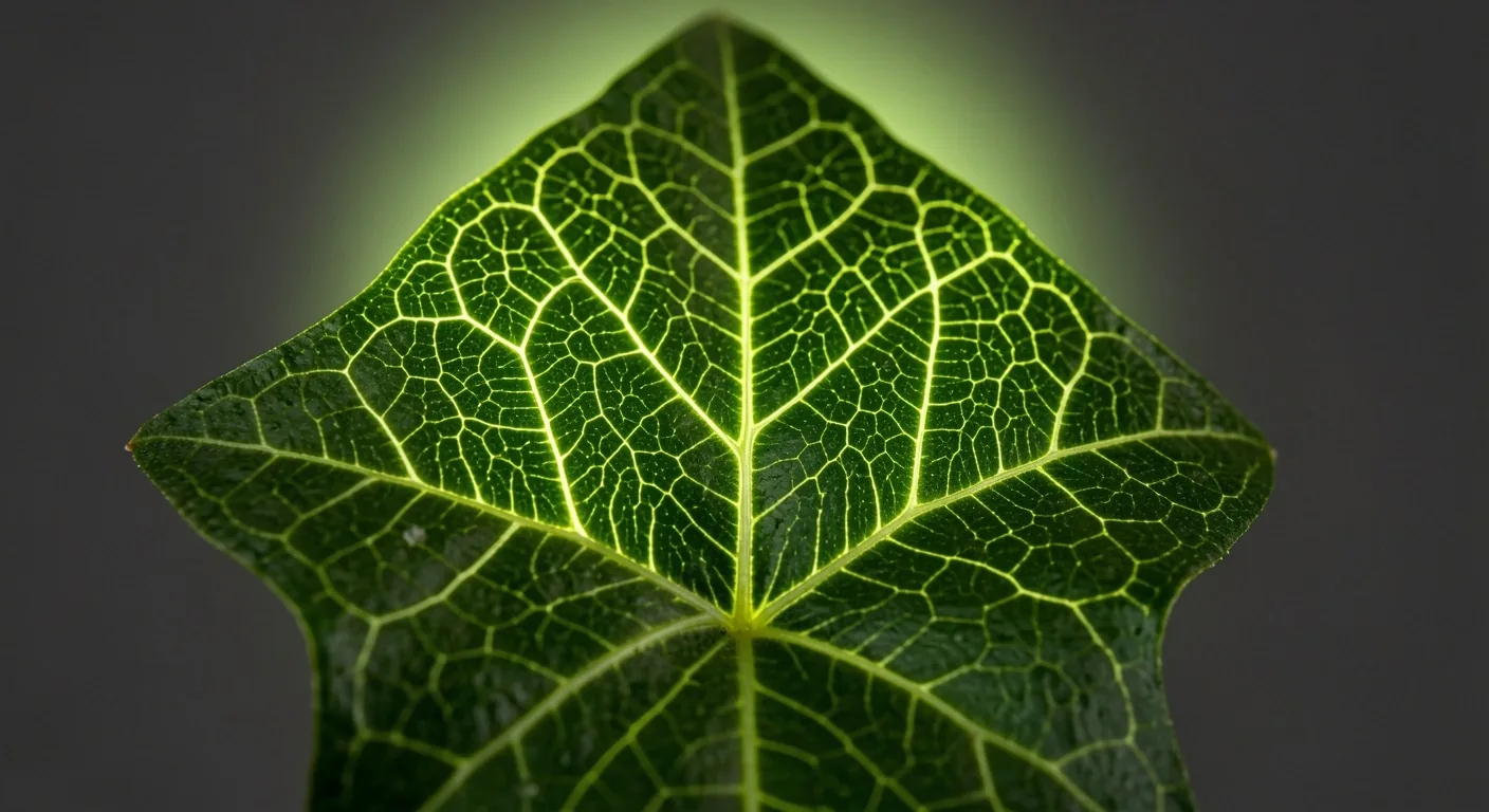 Macroscopia frunzei cu nervuri ramificate, luminată cu un contur verde