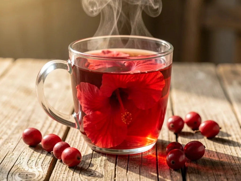 Ceai de hibiscus și păducel pe tavă de lemn