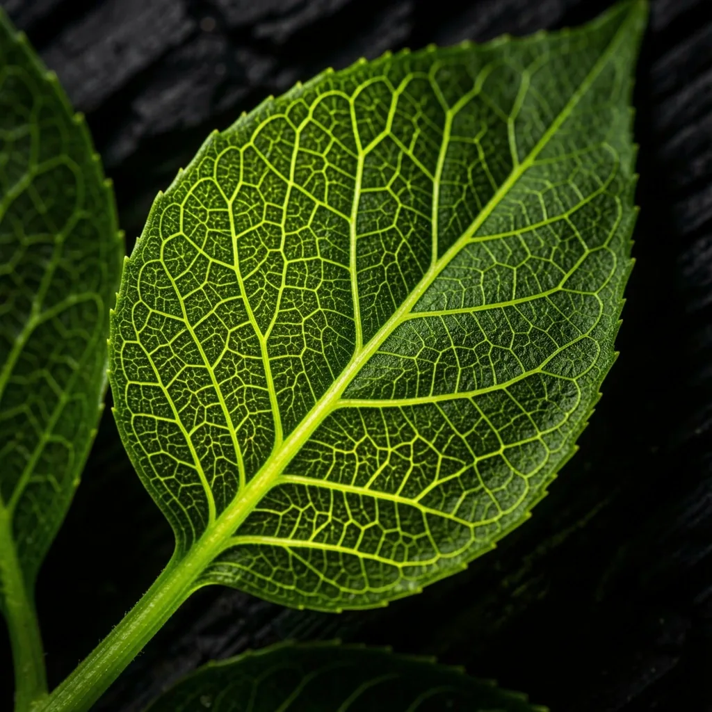 Macrofotografie a nervurilor unei frunze verzi sugerând fluxul vascular